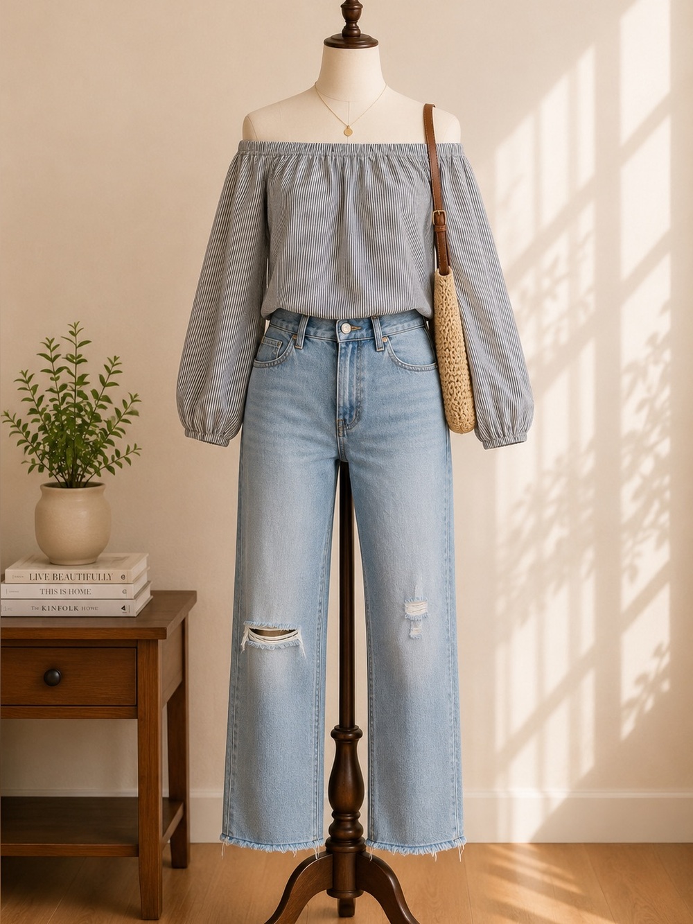 Brandy Melville Blue White Stripe Off Shoulder Long Sleeve Cotton Crop Top O/S